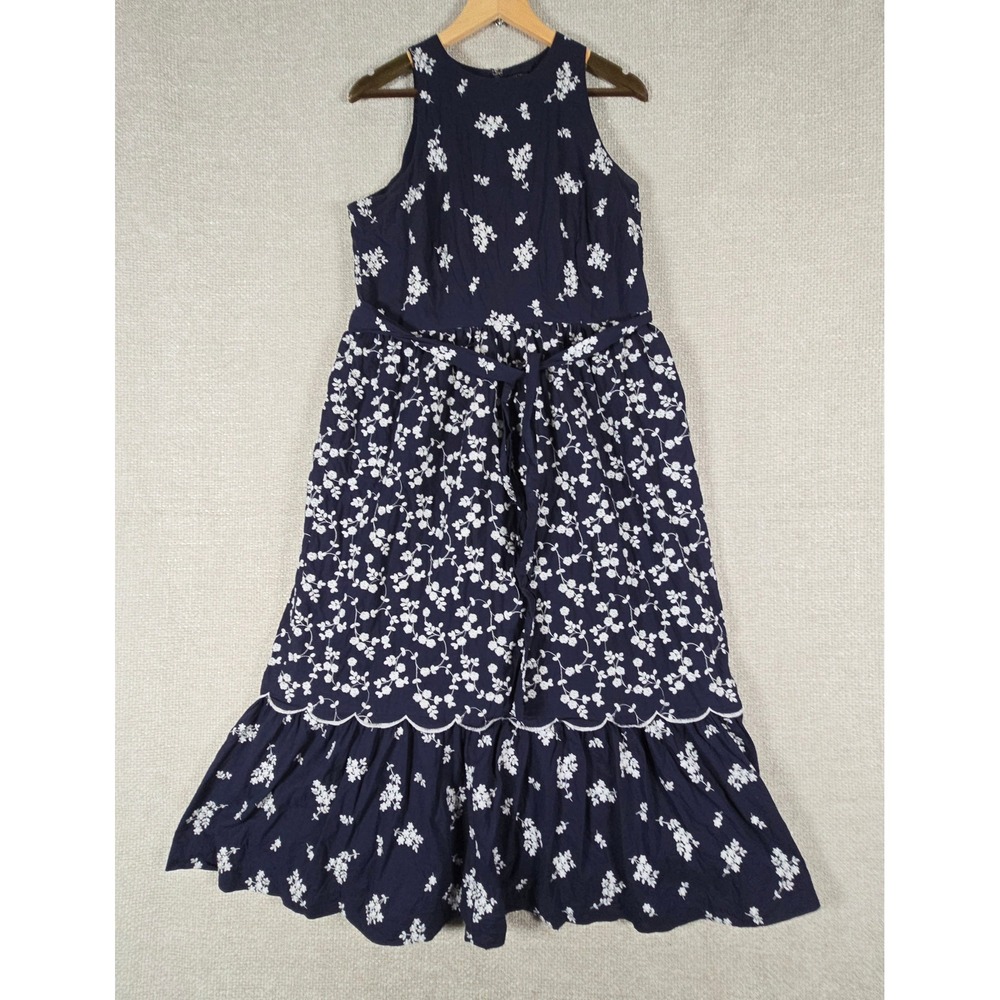 Ann Taylor Navy Blue Floral‎ Embroidered Cotton Maxi Dress Tie Waist Size 12
